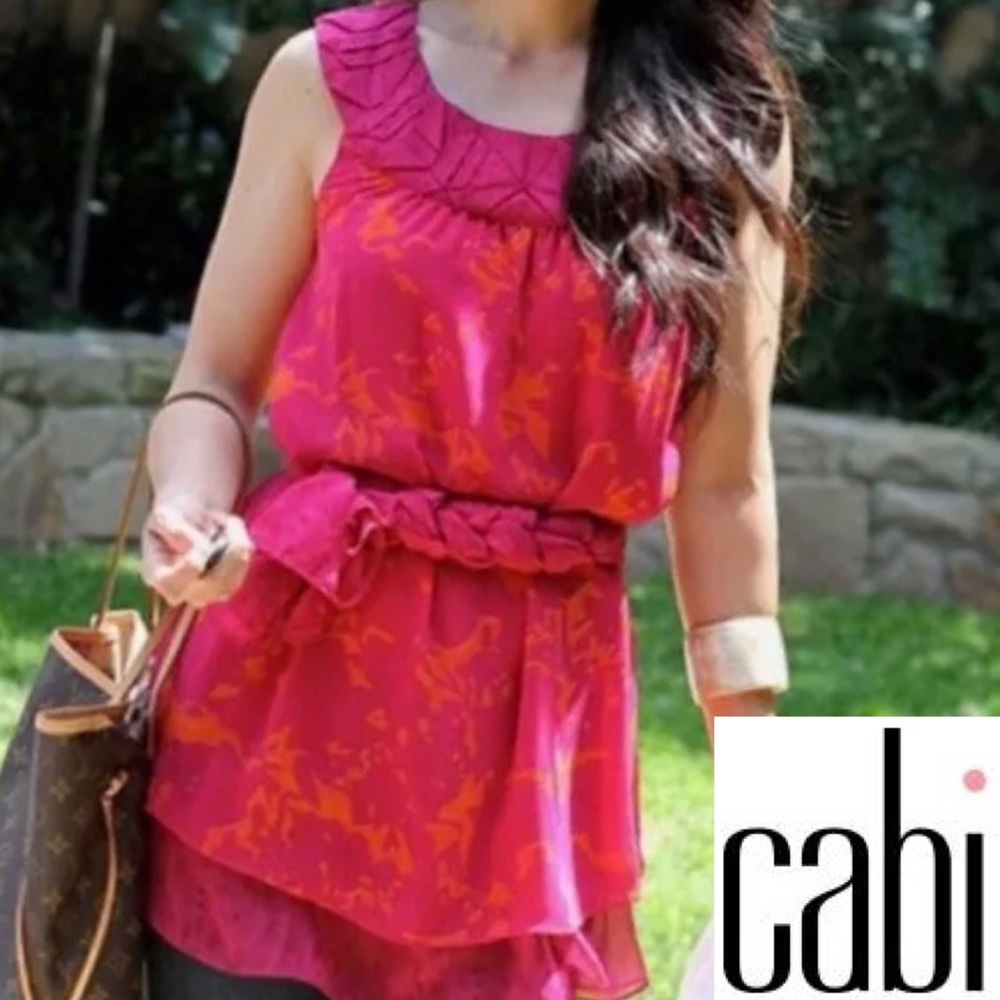 CAbi 999 Origami Tunic Top Fuchsia & Orange Layered Hem Ribbon Neckline Sz Large